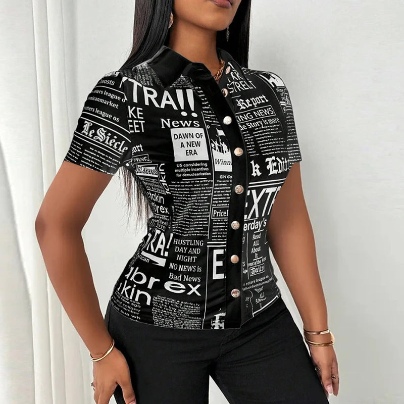 Summer Fashion Button Slim Fit Shirt Women Elegant Short Sleeve Single Breasted Letter Printed Blouses For Women Tops