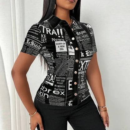 Summer Fashion Button Slim Fit Shirt Women Elegant Short Sleeve Single Breasted Letter Printed Blouses For Women Tops