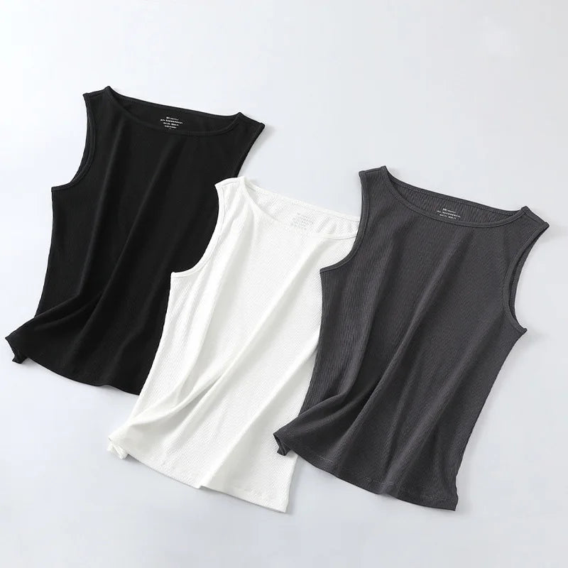 Women Tank Top Ribbed Cotton Boat Neck Sleeveless Tops Essentials M-XL