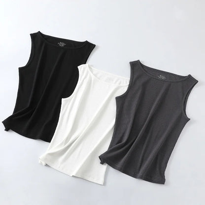 Women Tank Top Ribbed Cotton Boat Neck Sleeveless Tops Essentials M-XL