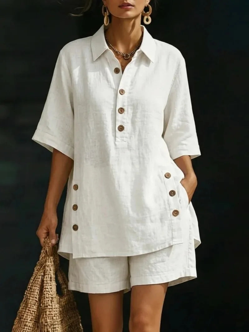 casual loose button shirts shorts two piece sets women fashion half sleeve spllit shirts suits summer elegant shorts outfits
