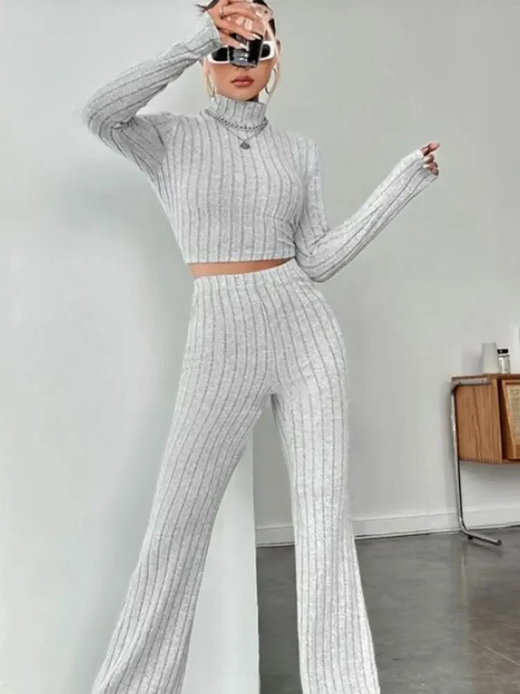 Women Fashion Solid Color Streetwear Autumn Winter Elegant Round Neck Tops Loose Pants Suit Casual Holiday Sport Two Piece Sets