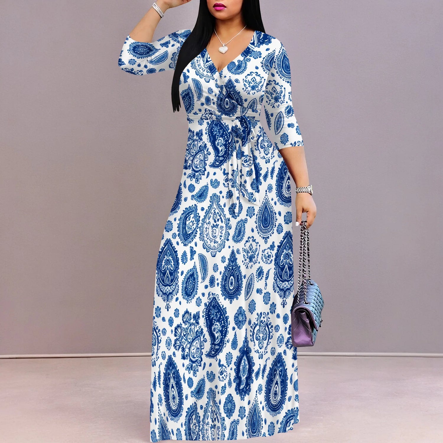 Plus Size Dresses for Women Print Maxi Dresses Flowy 3/4 Sleeve with Belt