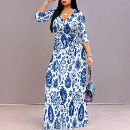 Plus Size Dresses for Women Print Maxi Dresses Flowy 3/4 Sleeve with Belt