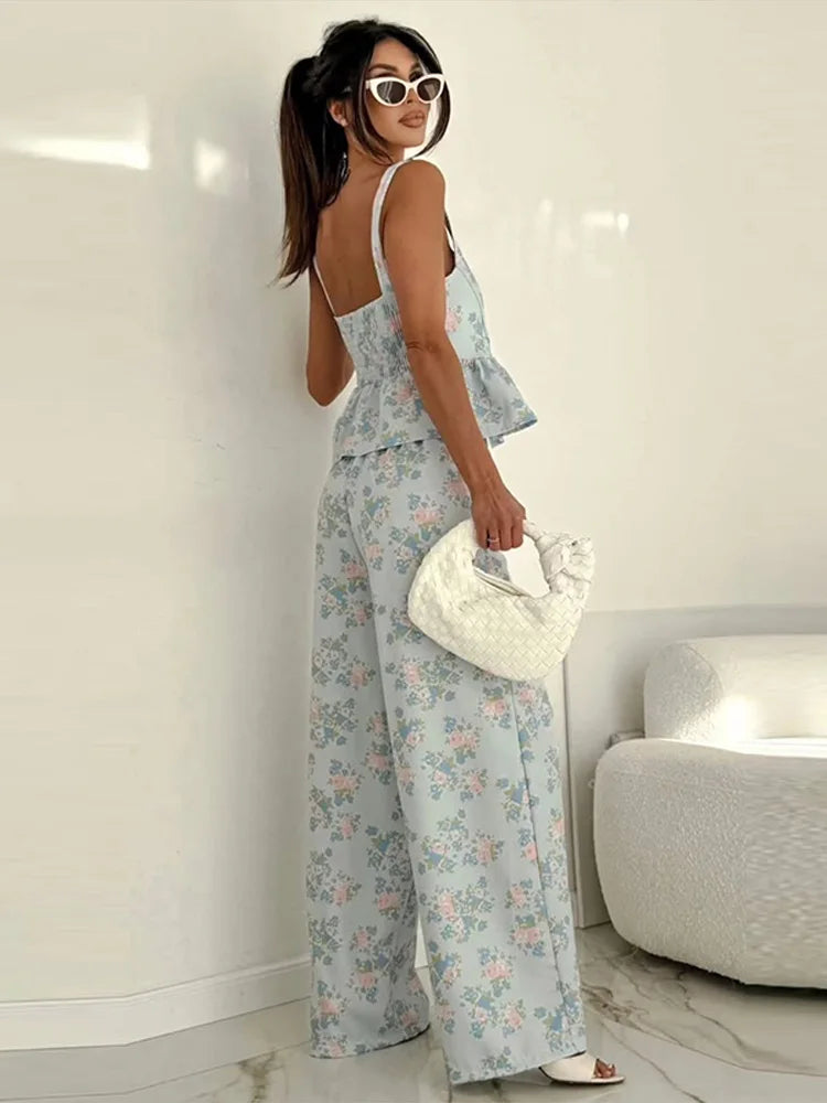 Fashion Women Floral Set Chic Sleeveless Ruffles Square-neck Vest Wide Leg Pant Pockets Casual Summer Office Outfit Commute