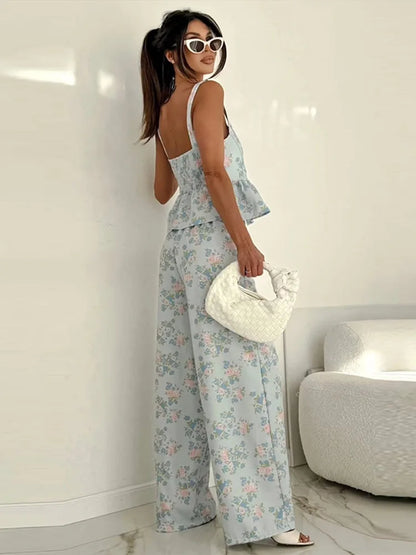Fashion Women Floral Set Chic Sleeveless Ruffles Square-neck Vest Wide Leg Pant Pockets Casual Summer Office Outfit Commute
