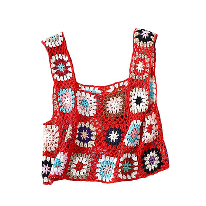 Women´s Summer Sleeveless Tops Colorful Hand Crochet Embroidery Openwork Knit Tank Tops