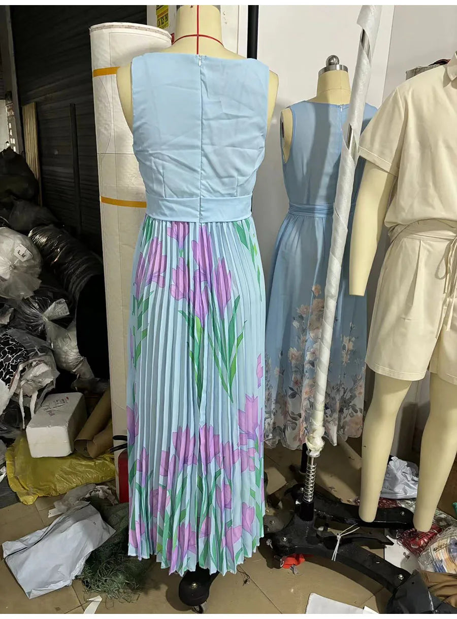 Sexy Flower Print Long Dress Women Summer 2025 Fashion Sleeveless Strap Maxi Dresses Elegant