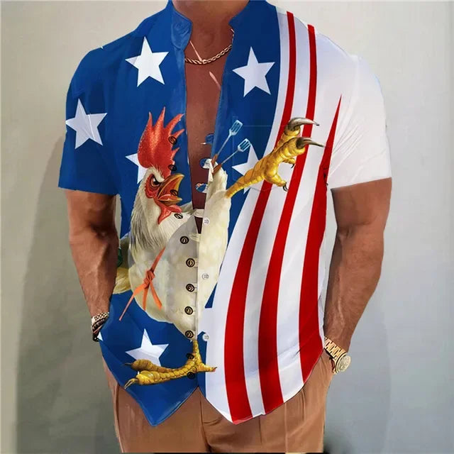 Men Shirts New Print Button Short Sleeves Shirt Fashion Stand Collar Loose Fitting Men&