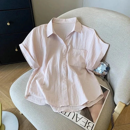 White Cotton Shirt Women Summer New Thin Loose Blouses Fashion Korean Commute Solid Short Sleeved Shirt Top