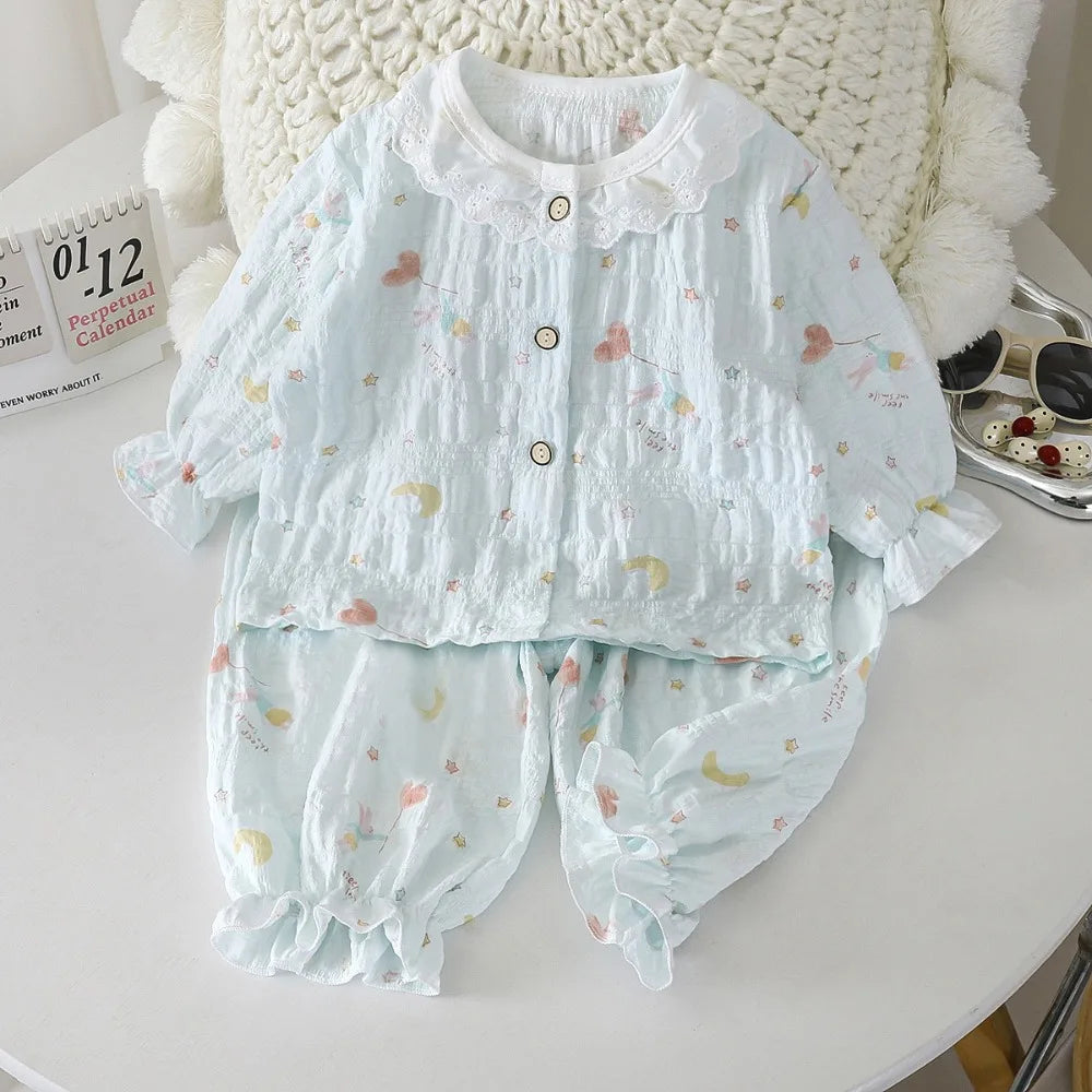 Summer Child Clothing Sets in Air-conditioned Room Girls Breathable Comfortable Long Sleeve Lace Home Clothes Sets Kids Pajamas