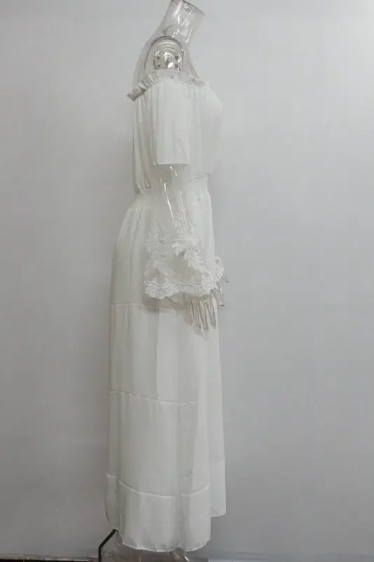 Sundress Swing Dress Women Elegant Long Sleeve Drawstring Slash Neck Lace Pleated Ruffle Loose Vacation Party Dresses Vestidos