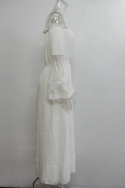 Sundress Swing Dress Women Elegant Long Sleeve Drawstring Slash Neck Lace Pleated Ruffle Loose Vacation Party Dresses Vestidos