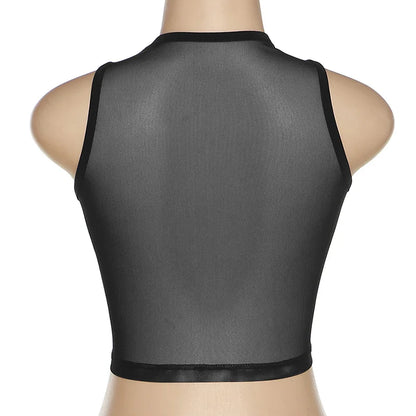 Sleeveless Sexy Tank Top Women Clothing See Through Y2k Accessories O-neck Palms Cute Mini T-shirts Mesh Black Ropa De Mujer