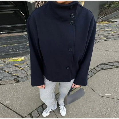 Women Fashion Stand Collar Woolen Jacket Single Breasted Long Sleeve Female Coat 2025 Autumn Chic Street Office Short Outerwears