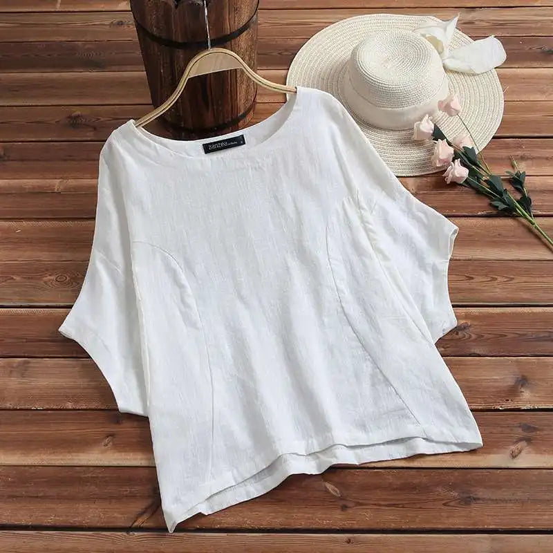 Cotton Linen Shirts Women Casual Solid Blouses Shirts Loose Tops Tunic Blusas Oversized T-Shirt Blouse Women Short Sleeve Shirt