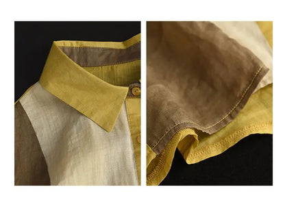 Cotton and Linen Shirt for Women Fashionable and Versatile Cardigan Lapel Top Thin Blouse Patchwork Casual Chic Female Clothes