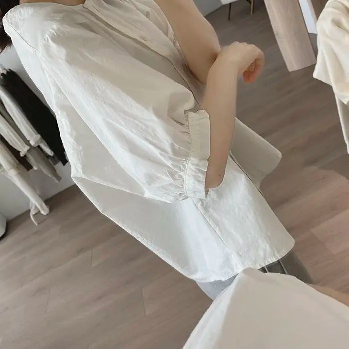 Women Round Neck Blouse Short Sleeve Button Down Loose Casual Solid Color Summer Shirt