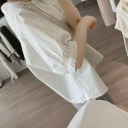 Women Round Neck Blouse Short Sleeve Button Down Loose Casual Solid Color Summer Shirt