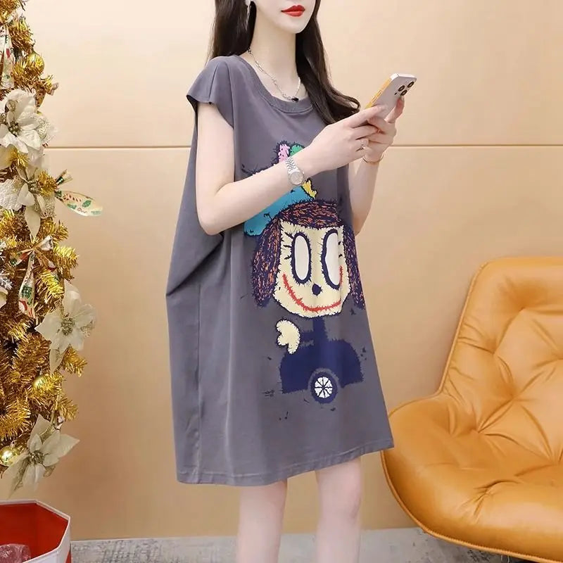 Sleeveless Vest T-shirt for Women New Summer Street Casual Solid Color Loose Print Simplicity Tops Tees Fashion Sweet Clothing