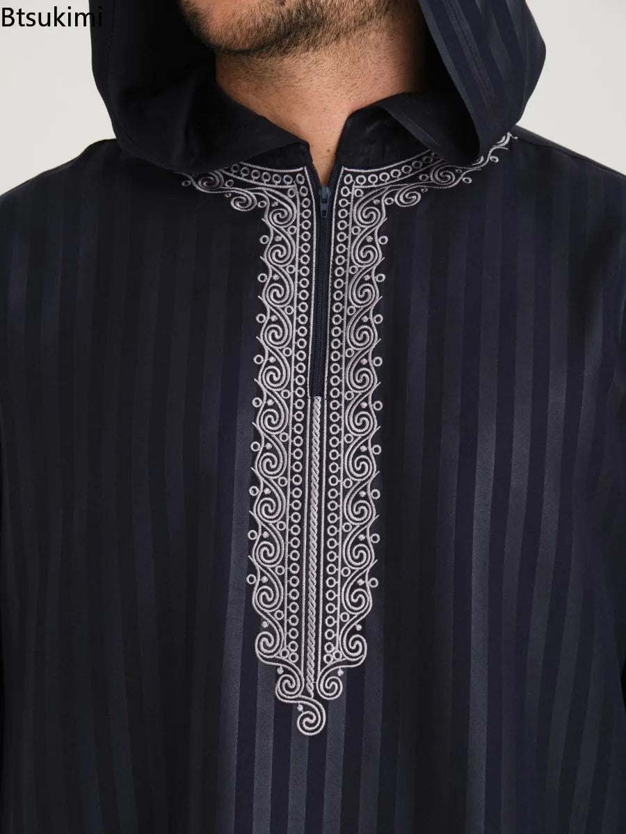 2026 New Middle East Men Clothes Moroccan Robe Muslim Men Dress Luxury Embroidered Hooded Abaya Islamic Kaftan Saudi Arabic Gown