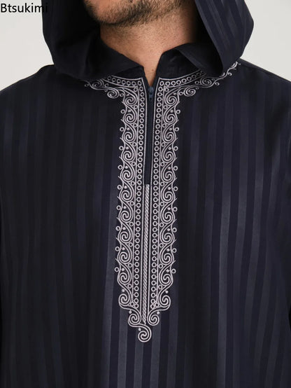 2026 New Middle East Men Clothes Moroccan Robe Muslim Men Dress Luxury Embroidered Hooded Abaya Islamic Kaftan Saudi Arabic Gown