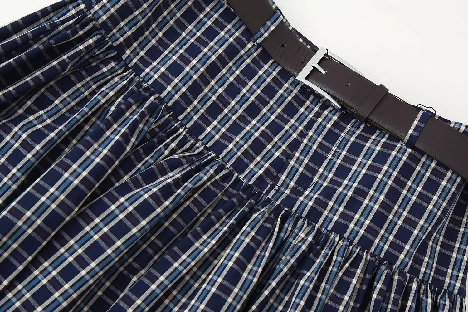 HH Woman Fashion Street Style Skirt Women Fashion Belted Plaid Midi Skirt Zipper Casual Long Skirt High Waist Chic Pleated Skirt