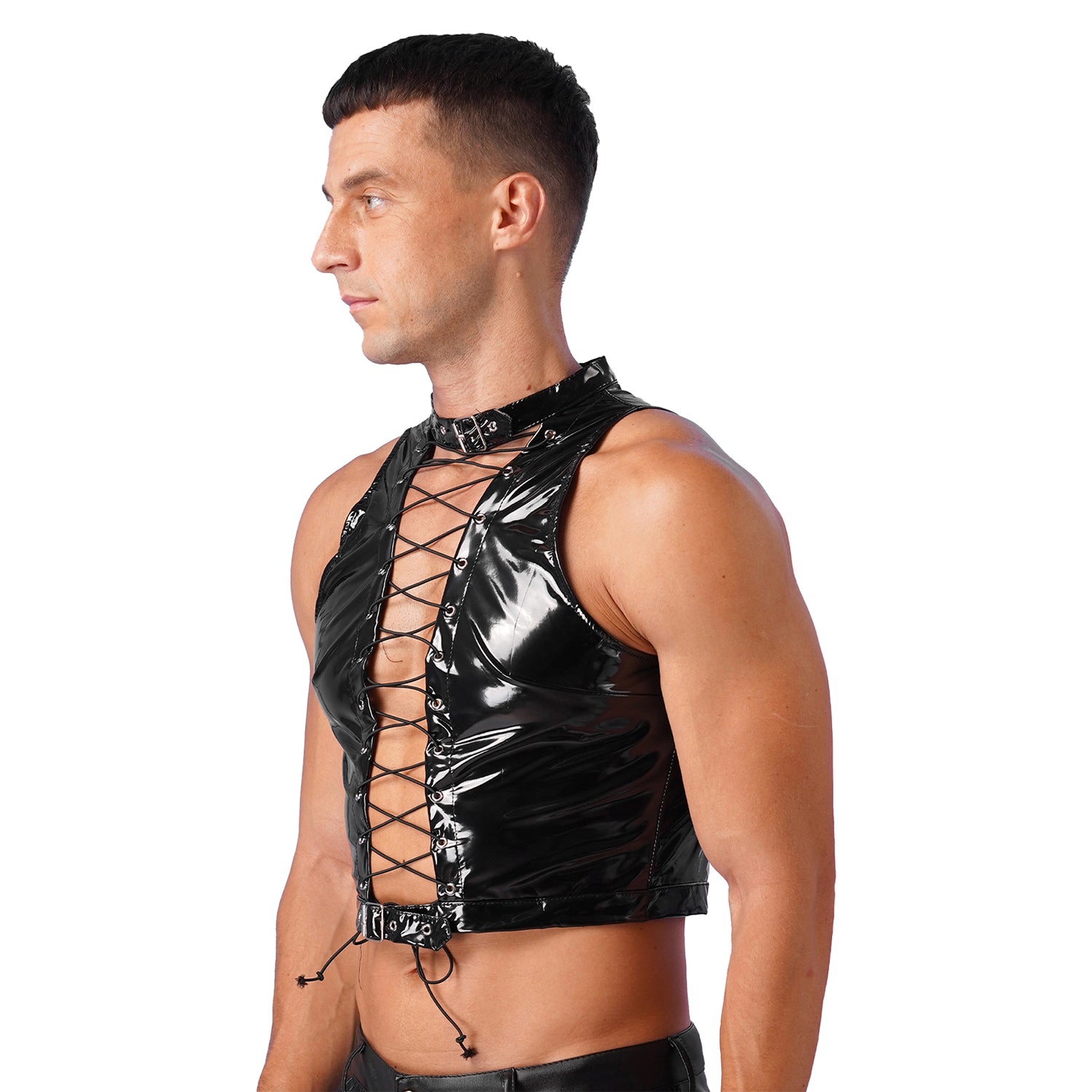 Mens Sleeveless Crop Top for Men Gothic Punk Clubwear Wet Look Patent Leather Vest Tops Hollow Out Eyelet Lace-Up Sleeveless Top
