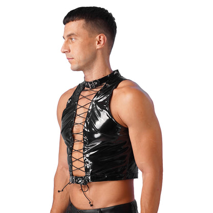 Mens Sleeveless Crop Top for Men Gothic Punk Clubwear Wet Look Patent Leather Vest Tops Hollow Out Eyelet Lace-Up Sleeveless Top