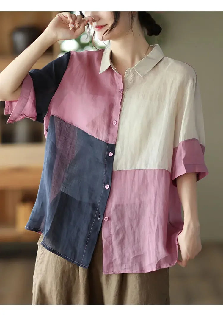 Cotton and Linen Shirt for Women Fashionable and Versatile Cardigan Lapel Top Thin Blouse Patchwork Casual Chic Female Clothes
