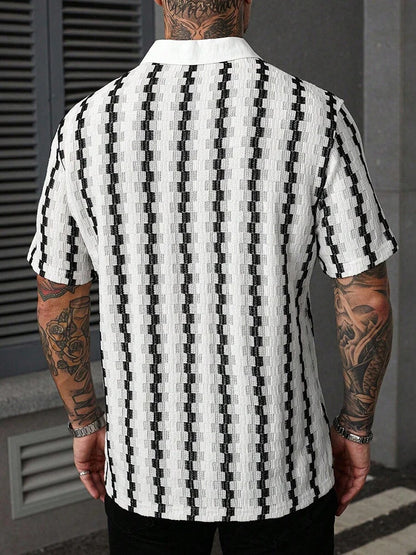 Classic Plaid Striped Knitting Shirt Short Sleeve Buttoned Turn-down Collar Mens Shirts Summer Vintage Slim Fit Knitted Cardigan