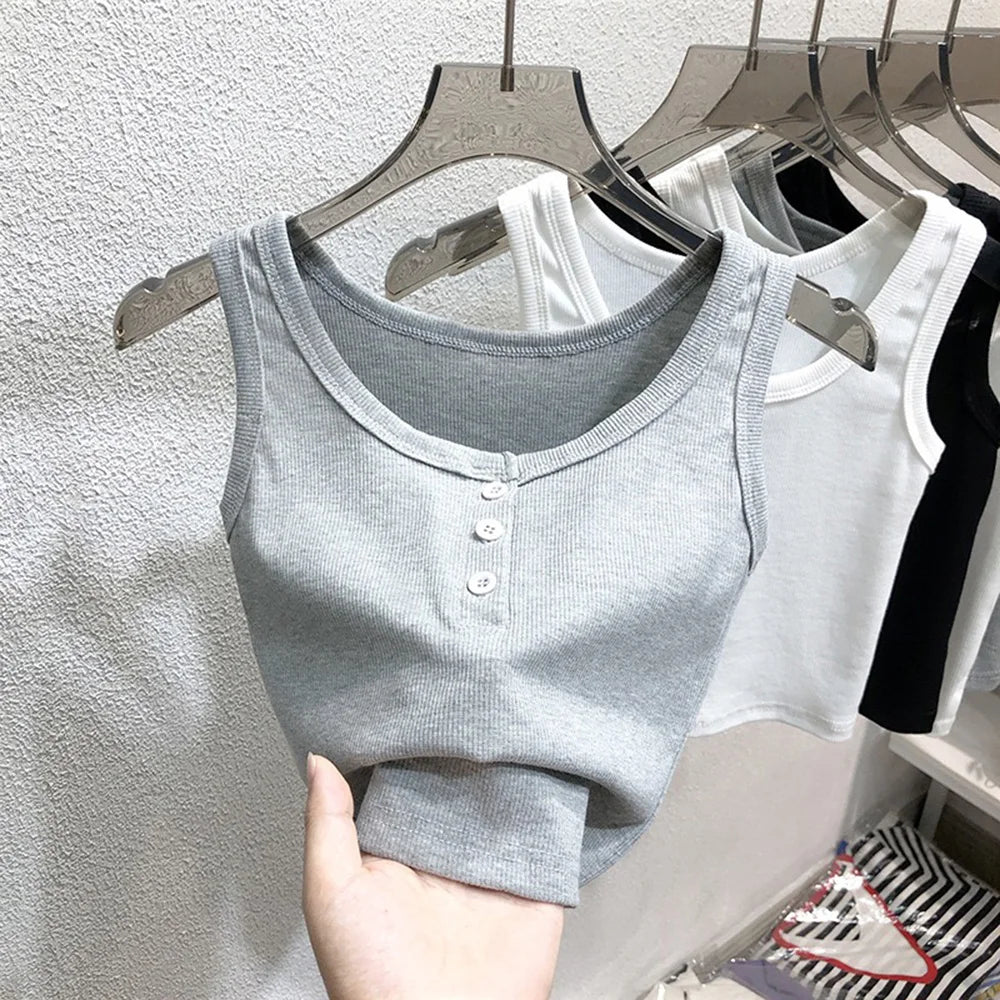 Tank Top for Women Ribbed Button Down Sleeveless Blouse Solid Color Casual Women&