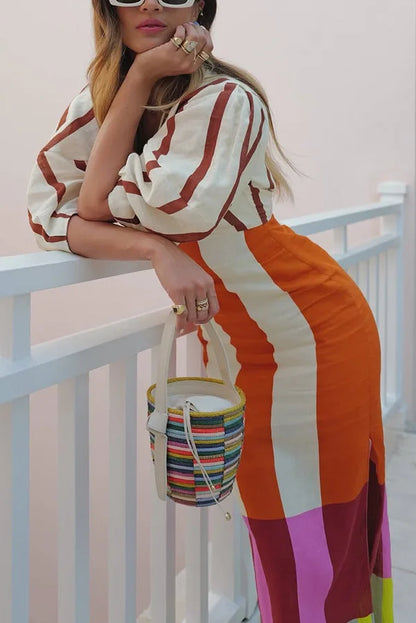 Women Fashion Linen Material  Fashion Chic Print Long Party Dresses Sexy V-neck Hollow Out High Waist Party Dress Lady Robes
