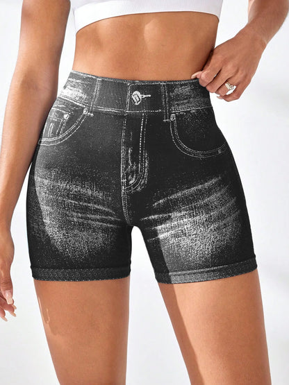 Women V back Shorts Faux Jeans Elastic Workout Sports Yoga Pants Butt Lifting Leggins Fitness Athletic Short Tights Seamless
