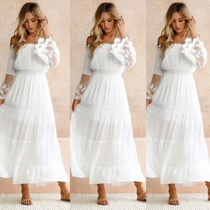 Sundress Swing Dress Women Elegant Long Sleeve Drawstring Slash Neck Lace Pleated Ruffle Loose Vacation Party Dresses Vestidos