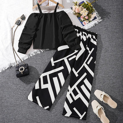 Kids Clothing Sets For Girls Khaki Off-shoulder Long sleeve Top &amp; Stripe Printing Pants Summer Resort Style Children Suits OOTD