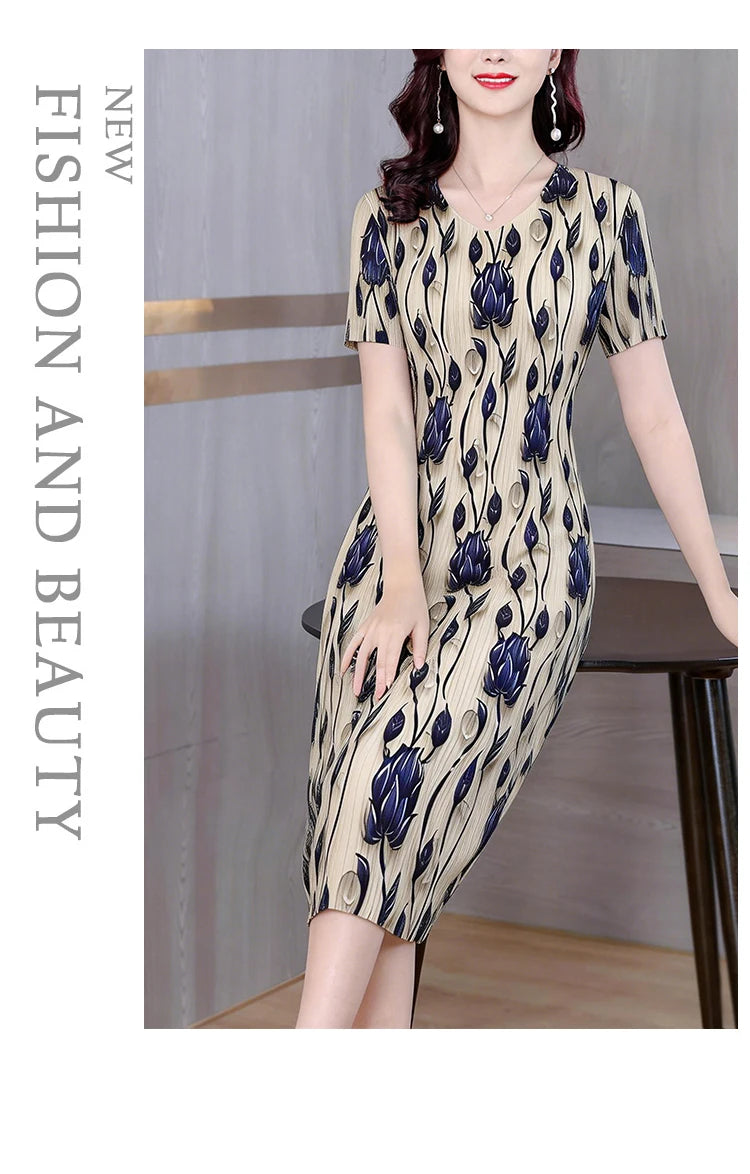 Elegant Pleated Maxi Dress for Women Summer Fashion High Waist A-Line Skirt Short Sleeve round Neck Iron-Free Business Wear