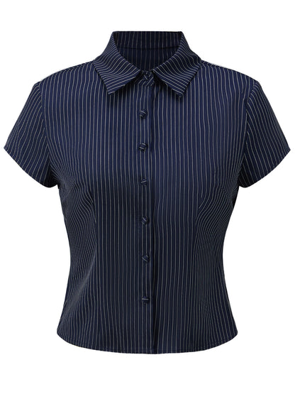 Women Button Down Slim Fit Striped Shirt Fashionable Summer Short Sleeve Turn Down Collar Tops for Casual Daily Wear