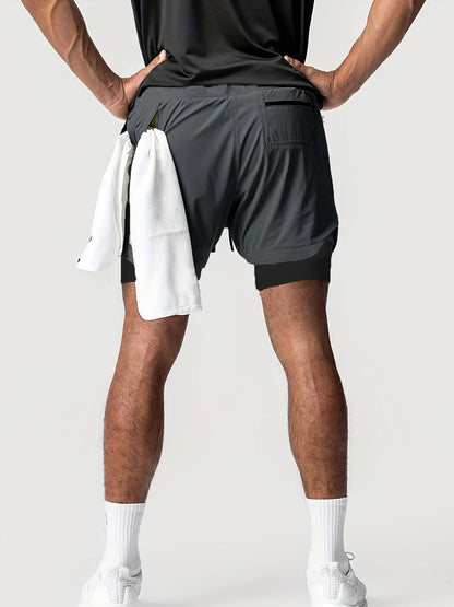 Sports shorts for men, double layered, quarter quick drying, elastic basketball, running training equipment, deep squat fitness,