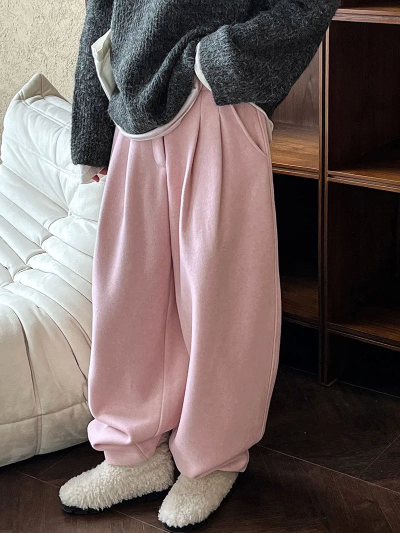 2025 Women Winter Autumn Thick Pants High Waist Wide Leg Warm Woolen Pants Fashion Clothes Vintage Pants Female Trousers
