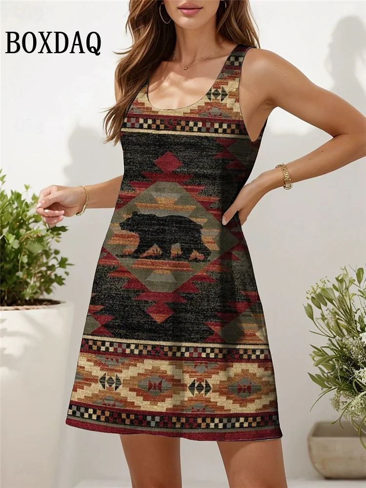 New Sundress Summer Casual Floral Print Dress Loose Vintage Ethnic Style O-Neck Sleeveless Dress For Women 2025 Fashion Clothing