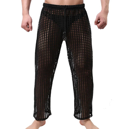 Mens Pajamas Sexy Mesh See Through Long Pants Sleepwear Fishnet Hollow Out Fitness Trousers Sleep Bottoms Sexy Underwear