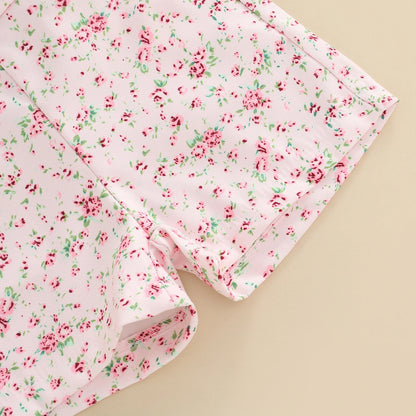 Kids Clothes Girls Summer Outfits Children Clothing Short Sleeve Round Neck Tops + Flowers Printed Suspender Short Pants Set
