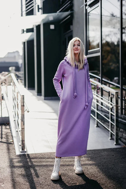 Women Fashion  New Loose Large Knitted Hooded Autumn Winter Long Dress Velvet Hoodie Dress Casual Dress Splicing Warm Dress