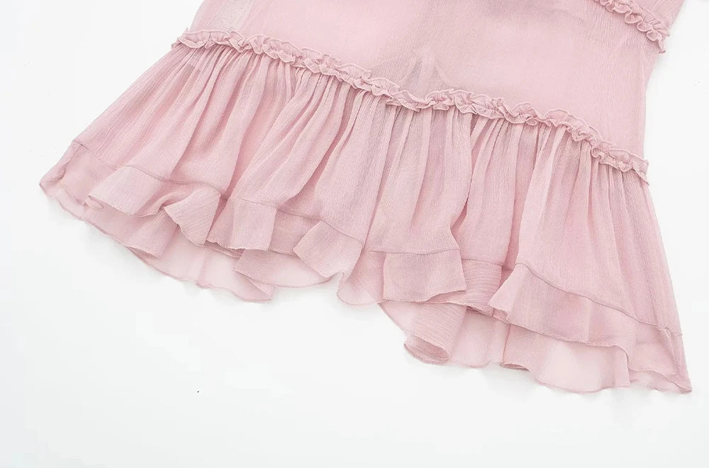 Women Fashion With Ruffled Front Tied Semi-sheer Tank Tops Sexy Backless Thin Straps Female Camis Mujer