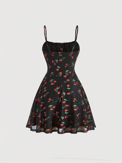 Cherry Printed Vintage Summer Dresses Y2kWomen Swing Robe Party Dress 2025 New Casual Vestidos Sexy Strapless A-Line Sundresses