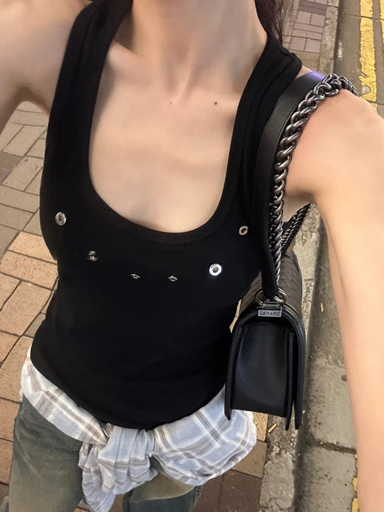Tanks Women O-neck Sleeveless Hotsweet Hip Hop New American Style Streetwear Leisure Cool 3D Decoration Crop Tops Harajuku Solid