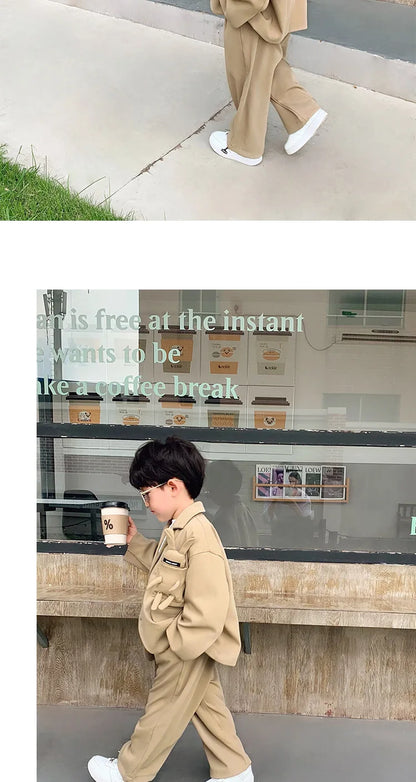 Kids Suits Fashion Casual Blazers Wide-legged Trousers 2 Piece Girls Clothes Set Khaki Loose Children Wedding Birthday Costumes