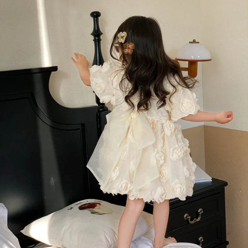 Children Clothing Korean Kids Clothes 2023 Spring and Summer Girls Flower Princess Dress Short Sleeve Sweet Cute Elegant Dress