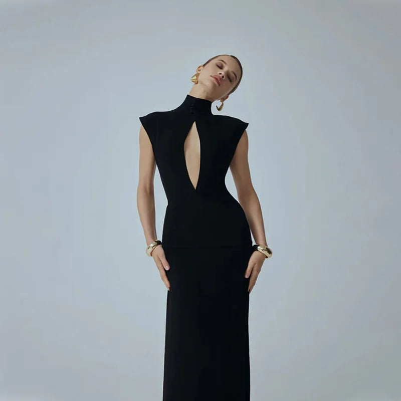Solid Dresses For Women Fashion Sexy Streetwear Short Sleeves Turtleneck Hollow Out Sheer Long Vestidos Robes Female Elegant Fit